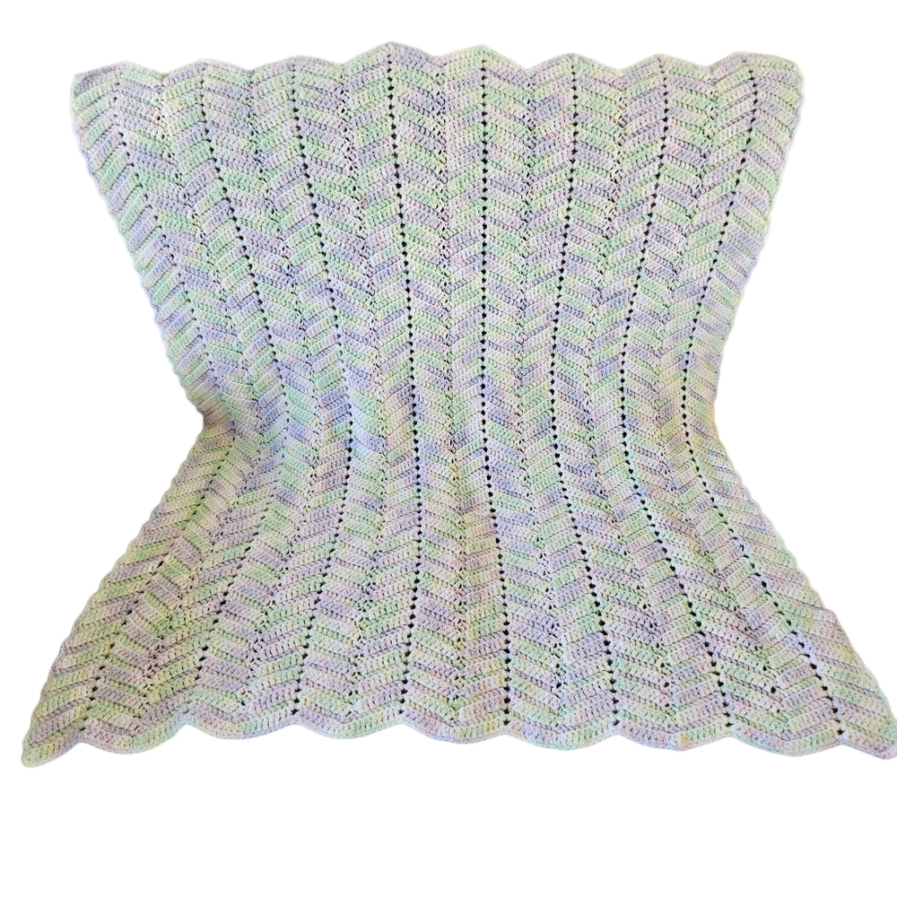 Granny Pastel Purple Pink Green Hand Crochet Baby Afghan Blanket Scalloped Edge